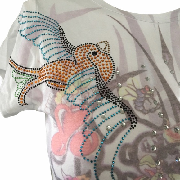 new Go Jeans Couture ❃ Edgy Tattoo Floral Print Crystal Tee T Shirt ❃ White ❃ - Picture 2 of 9
